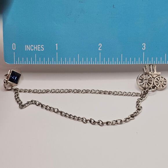 Vintage Sweater Clip Pin Brooch Tie Tack Stagecoach Silvertone Blue Rhinestone - Picture 4 of 5
